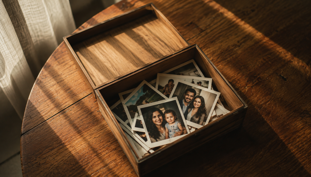 Após o Luto restam as lembranças, na foto, uma mesa com uma caixa de fotos antigas da família e momentos felizes.