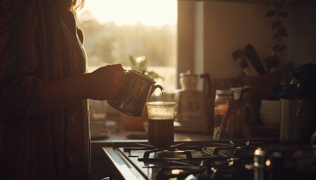 Mulher passando o café logo pela manhã, permitindo-se sentir o momento.
